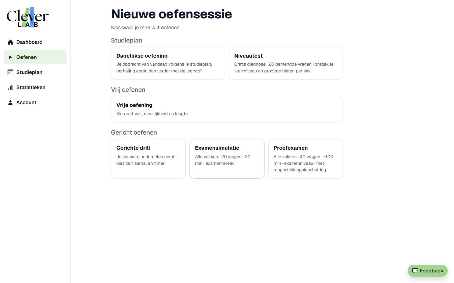 Overzicht van oefenvormen in CleverLab Prep: dagelijkse oefening, niveautest, vrije oefening, drill, examensimulatie en proefexamen