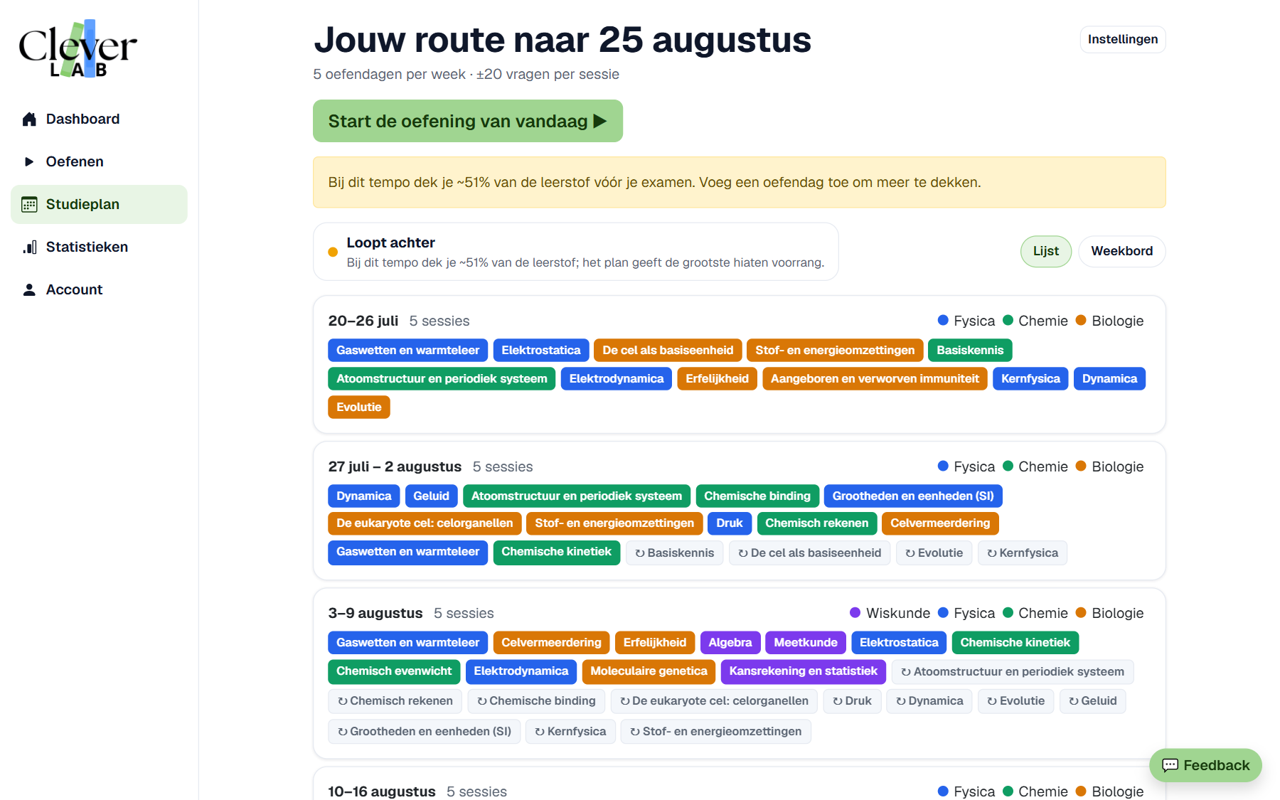 Studieplan in CleverLab Prep met weekoverzicht van oefensessies per vak tot de examendatum