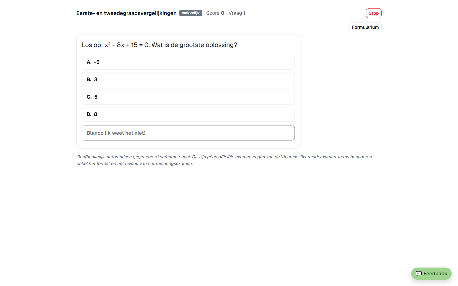 Oefenvraag wiskunde in CleverLab Prep met vier antwoordopties en een blanco-optie