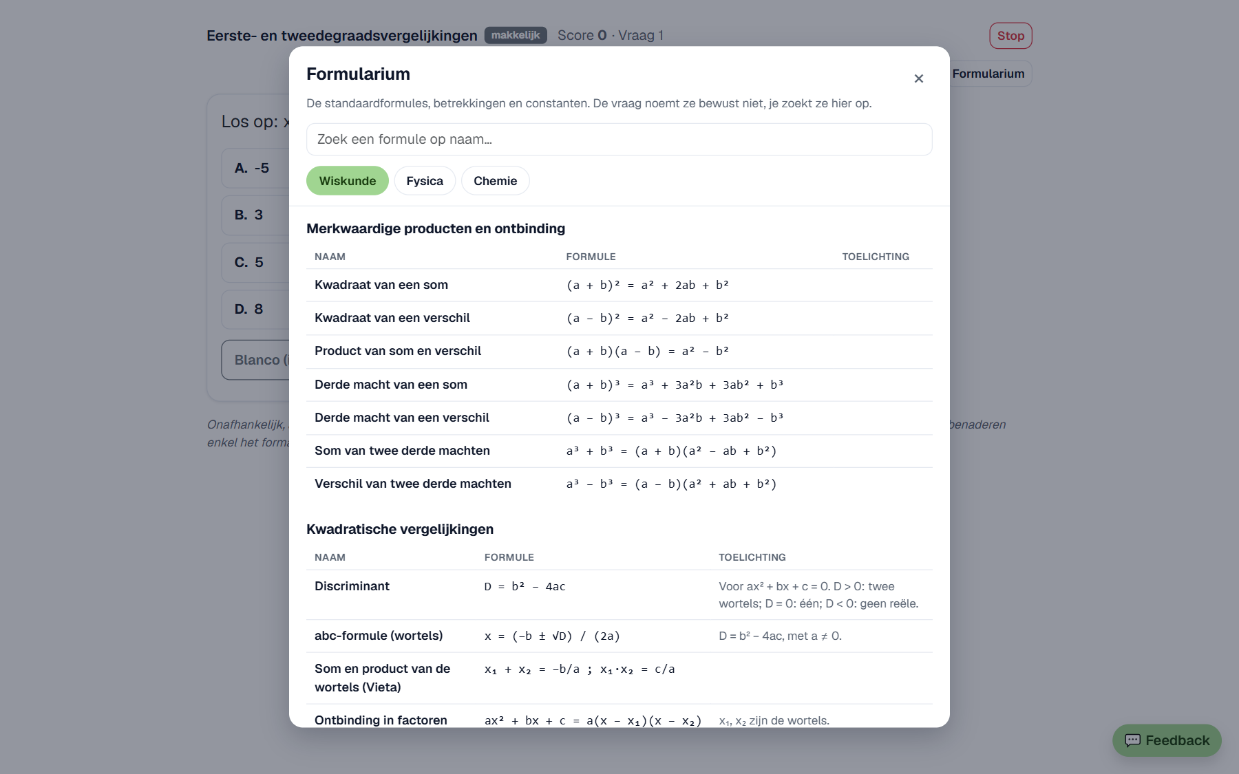 Formularium-overlay in CleverLab Prep met formules voor wiskunde, fysica en chemie