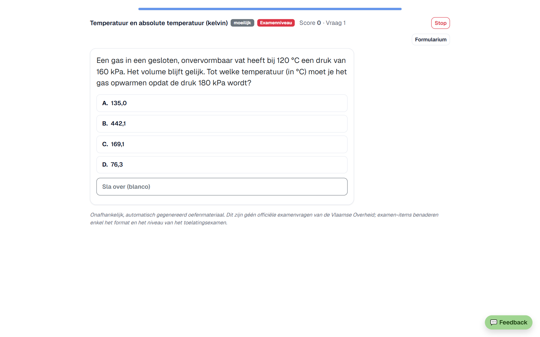 Proefexamenvraag in CleverLab Prep met aflopende tijdsbalk bovenaan